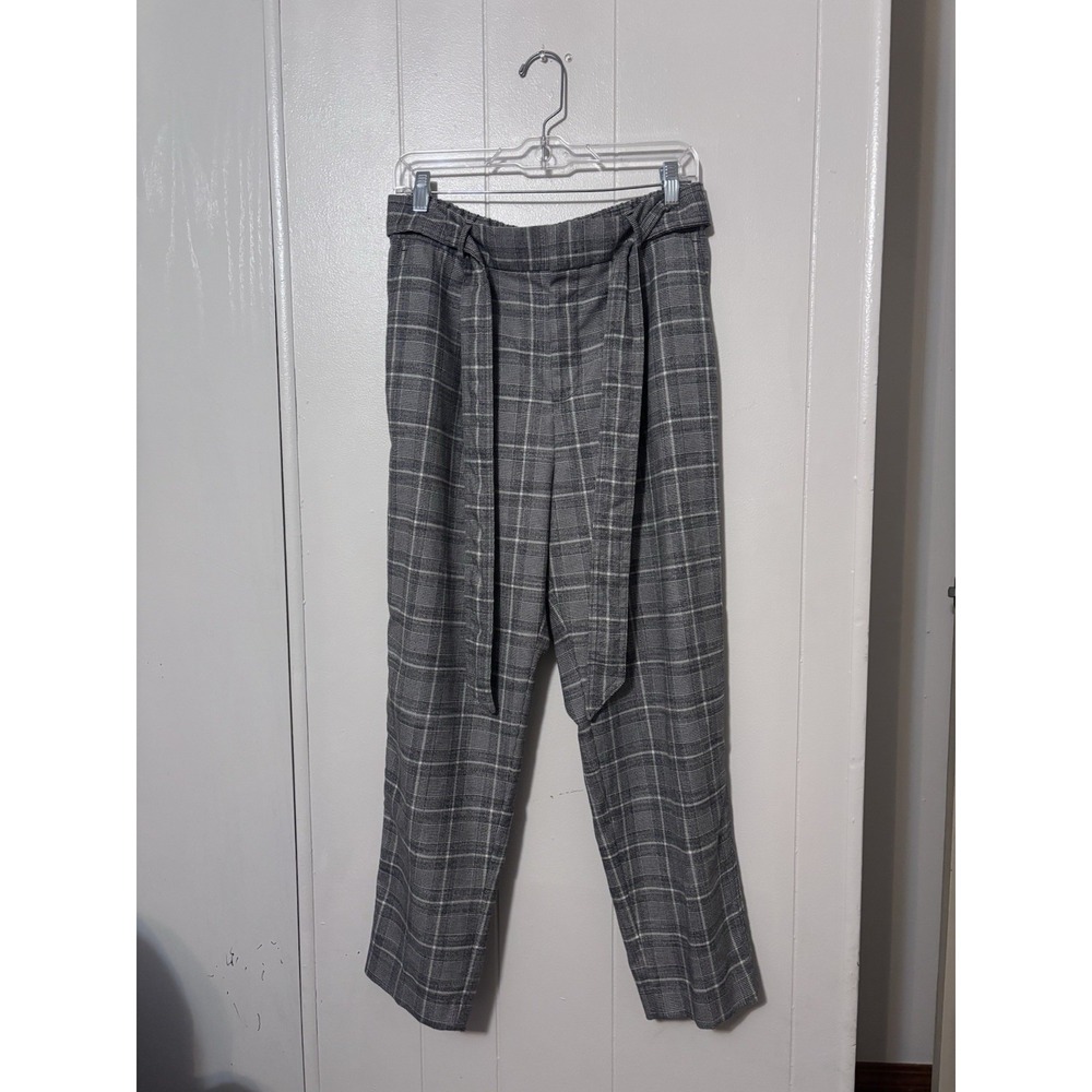 Gap Women's Dress Pants Belted Gray Size 10 Plaid Elastic Waist Twill